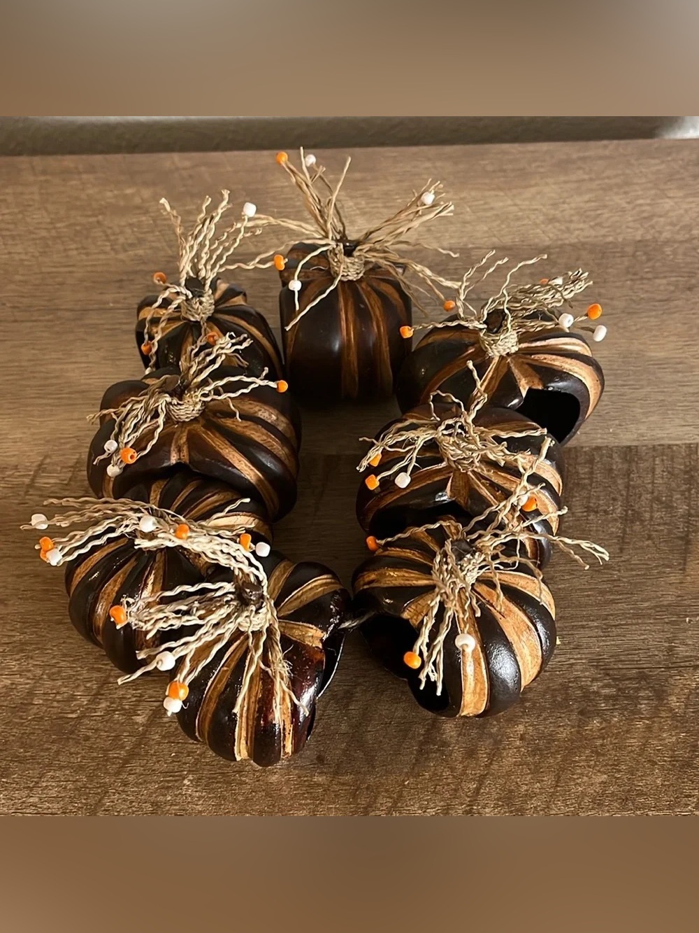 Set of 8 Pier 1 Imports pumpkin Napkin Rings Wood fall festive autumn